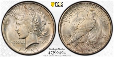 1921 $1 High Relief, Peace MS64