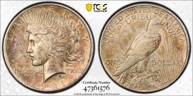 1921 $1 High Relief, Peace AU55