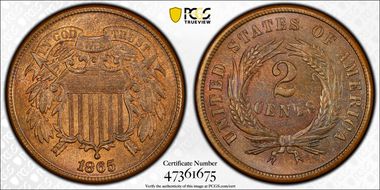 1865 2C Plain 5 MS64RB