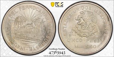 1950-Mo 5 Peso Southeastern Railroad KM-466  Ag MS65