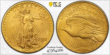 1908 $20 No Motto MS62