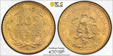 1945-Mo 2 Peso KM-461  Au MS66