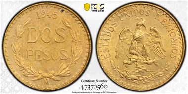 1945-Mo 2 Peso KM-461  Au MS63