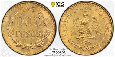 1945-Mo 2 Peso KM-461  Au MS65