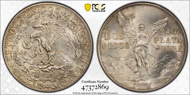1921-Mo 2 Peso Centennial, 9 Tail F. KM-462  Ag MS64