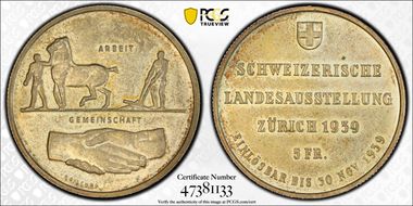 1939-HF 5 Fr Zurich Exposition AU58