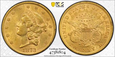 1873 $20 Open 3 AU58