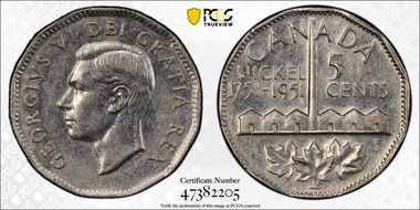 1951 5C Nickel Bicentennial Half Moon Variety AU58
