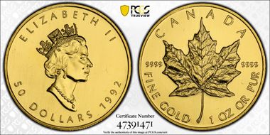 1992 $50 Maple Leaf/Au MS65