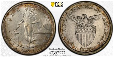 1908-S Peso KM-172  Ag AU58