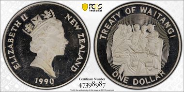 1990 $1 Treaty of Waitangi KM-76a  Ag PR63DCAM