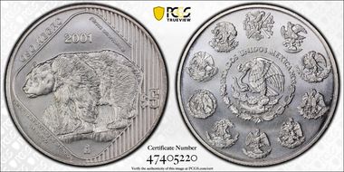 2001-Mo 5 Peso Black Bear KM-654 MS68