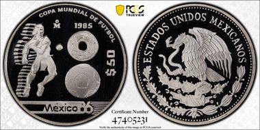 1985-Mo 50 Peso World Cup KM-504 PR69DCAM