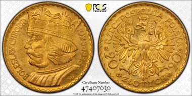 1925(w) 20 Zl KM-33  Au MS64