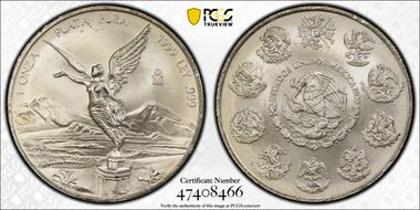(2000)/1999-Mo Onza Libertad Ag Mule with 1999 Rev MS66