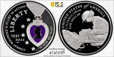 2022-W $1 National Purple Heart Hall of Honor Colorized PR69DCAM