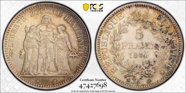 1874-A 5 Fr Gad-745a F-334 MS63