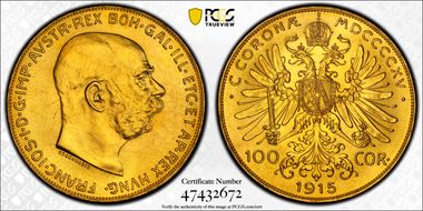 "1915" 100 Cor Restrike KM-2819  Au MS65