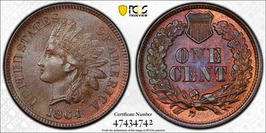 1864 1C L on Ribbon MS66BN