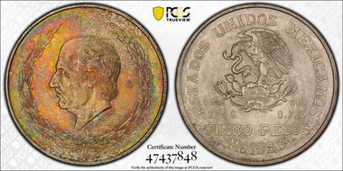 1953-Mo 5 Peso Hildago KM-467 Ag MS64