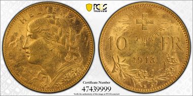 1913 B 10 Fr KM-36  Au MS62
