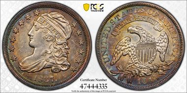 1837 10C Capped Bust AU58