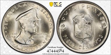 1947-S 50C Douglas MacArthur KM-184  Ag MS65