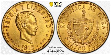 1916 4 Peso KM-18  Au MS62