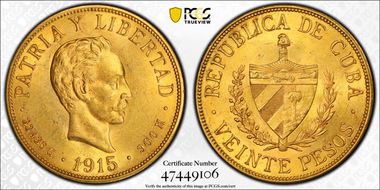 1915 20 Peso KM-21  Au MS61