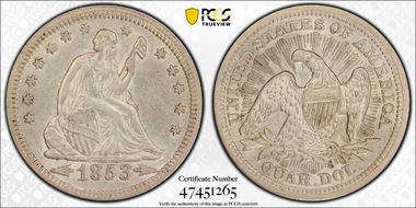 1853 25C Arrows and Rays AU53