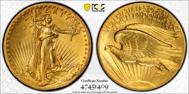 1907 $20 High Relief, Wire Edge MS64