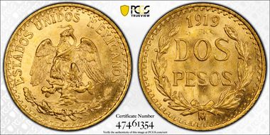 1919-Mo 2 Peso KM-461  Au MS66