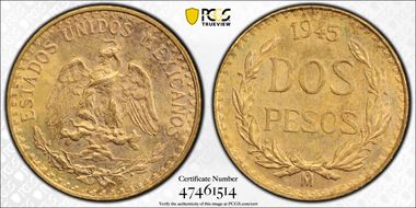 1945-Mo 2 Peso KM-461  Au MS66