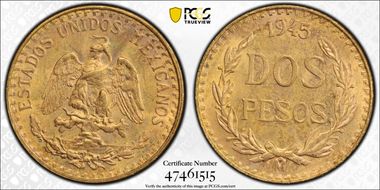 1945-Mo 2 Peso KM-461  Au MS65