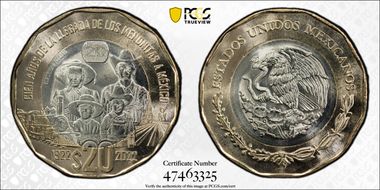 2022-Mo 20 Peso Arrival of the Mennonites 100th Anniversary MS66