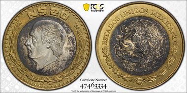 1993-Mo 20 Peso Longer Stems KM-561  Ag / AlBr MS62