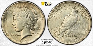 1921 $1 High Relief, Peace AU55