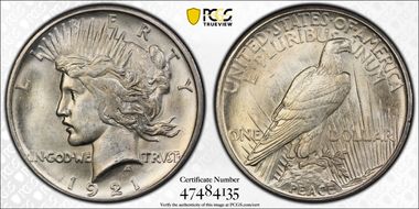 1921 $1 High Relief, Peace MS63