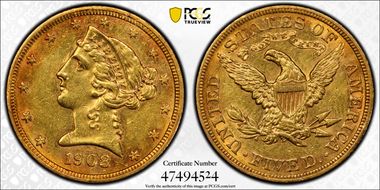 1908 $5 Liberty AU55