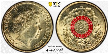 2015 $2 Lest We Forget Colorized Poppy Counterstamp MS67