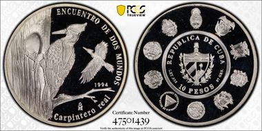 1994-Mo 10 Peso Ivory-billed Woodpecker Endangered Wildlife PR68DCAM