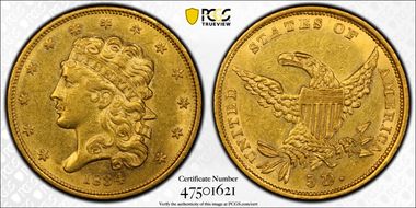 1834 $5 Classic Head, HM-8 AU55