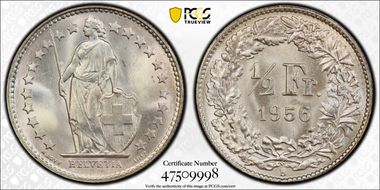 1956 B 1/2 Fr KM-23 Ag MS66