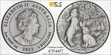 2023-P $2 Year of the Rabbit 2oz Ag  Antique Finish SP70