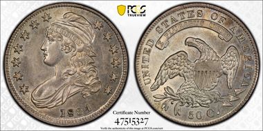 1834 50C Small Date, Small Letters AU58