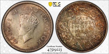 1939(B) 1/2 Rup SW-9.47 Long Trefoils MS63