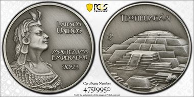 2023-LR Medal Moctezuma Alternative Peso Pewter Antique Finish MS70