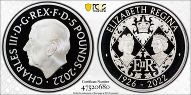 2022 £5 Elizabeth II Memorial .925 Ag Young and Mature Busts PR69DCAM