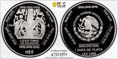 1994-Mo 5 Peso Tumba de Palenque KM-575 Ag PR69DCAM