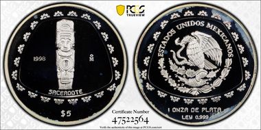 1998-Mo 5 Peso Sacerdote KM-664  Ag PR67DCAM